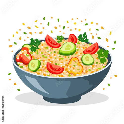 Colorful Bulgur Salad with Tomatoes, Cucumbers, Peppers and Parsley