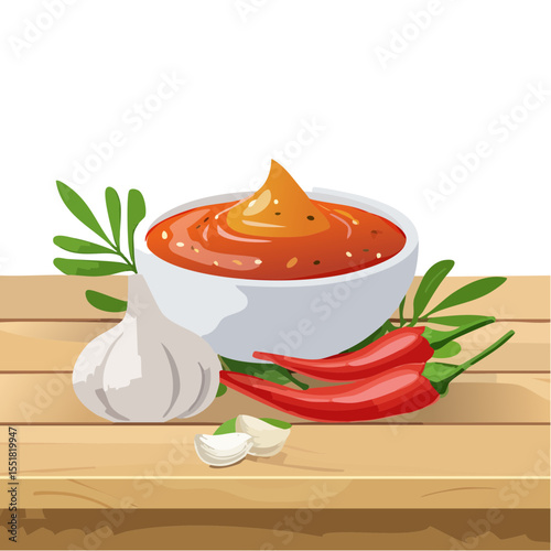 Spicy Sauce with Garlic and Chili Peppers on Wooden Table