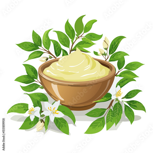 Shea Butter Cream in Bowl with Flowers and Leaves