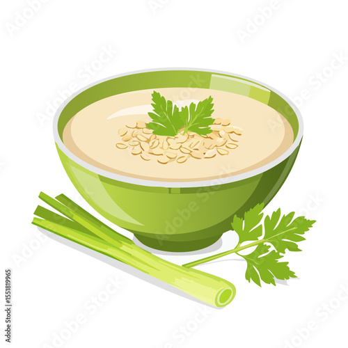 Creamy Soup with Celery and Parsley in Green Bowl - Vector Illustration