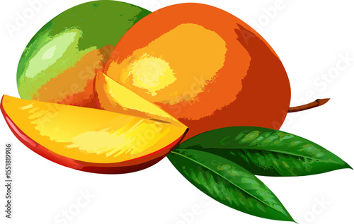 Whole and sliced mangoes arranged with fresh green leaves, showcasing the fruit’s juicy texture .Perfect for culinary, wellness, or botanical themes
