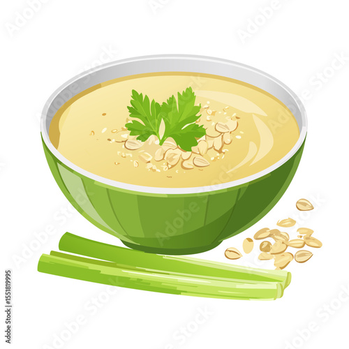 Creamy hummus bowl with fresh parsley and crispy celery sticks on a table