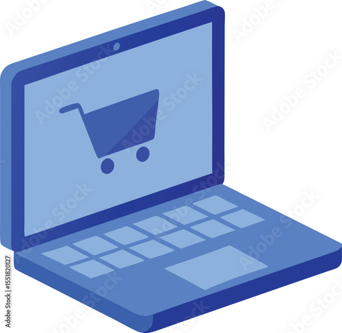 Open laptop with shopping cart icon displayed on screen isolated on transparent background