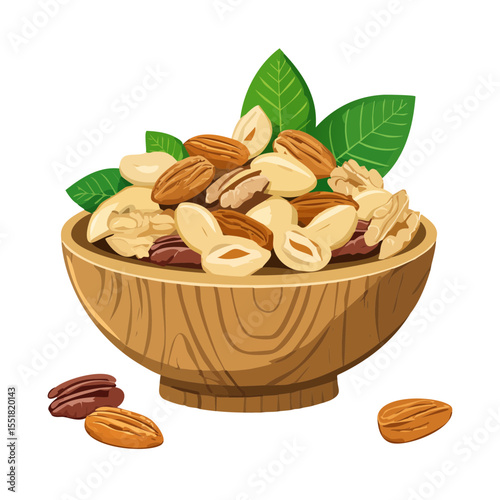 Illustration of a wooden bowl overflowing with various nuts and topped with green leaves.