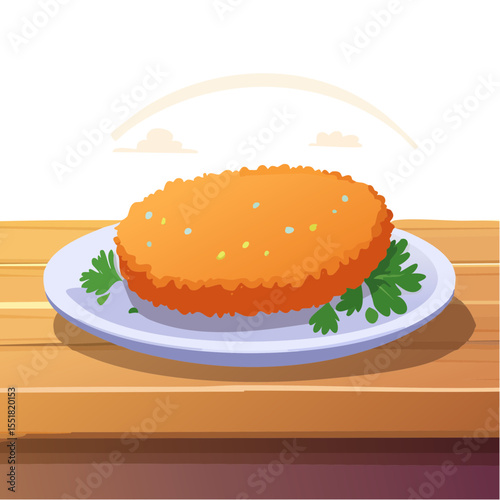 Golden Cutlet on Plate with Parsley Illustration