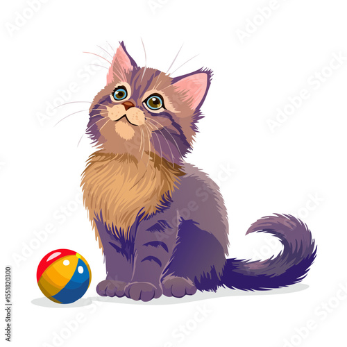 Cute Kitten Playing with Ball Vector Illustration