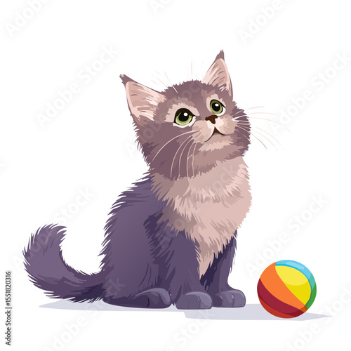 Cute Kitten Playing with Colorful Ball Cartoon Illustration