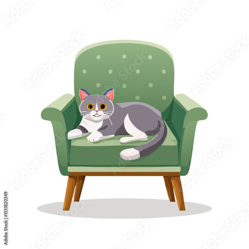 Cute grey and white cat lounging comfortably on a green armchair