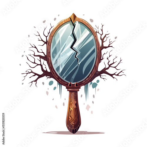 Enchanted Mirror with a Broken Reflection, Surrounded by Bare Tree Limbs