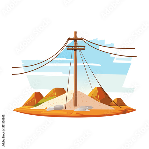 Desert landscape with telegraph pole and sand dunes, clear sky