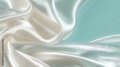 Luxurious White and Light Blue Silk Fabric Background with Elegant Drapes and Smooth Texture