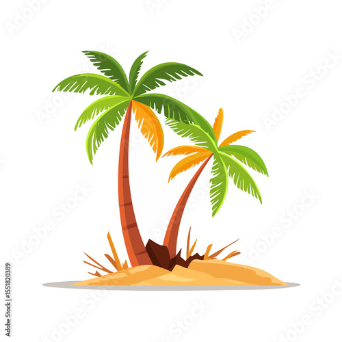 Cartoon palm tree with sandy ground, bright green leaves, and a black background