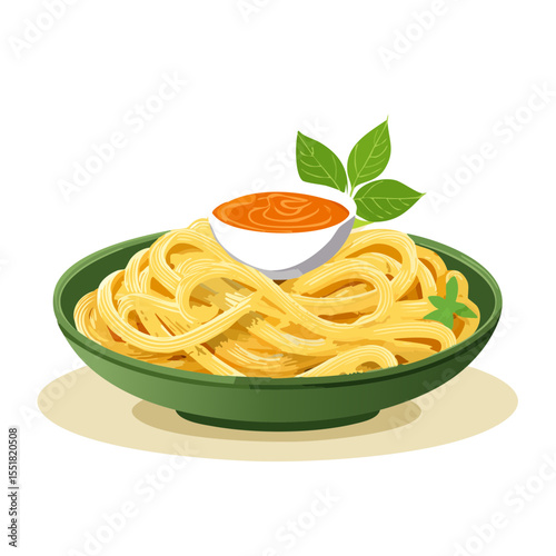 Spaghetti with Marinara Sauce and Basil Illustration