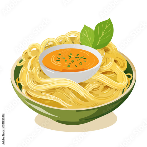 Bowl of Spaghetti with Tomato Sauce and Basil Leaves Illustration