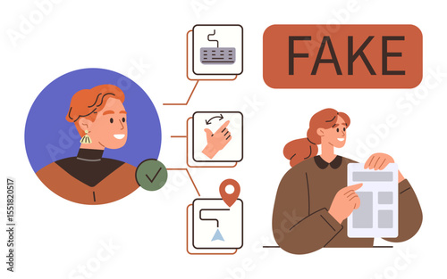 Woman analyzing fake news with authentication icons thumbs up keyboard, location pin, and swipe gesture. Ideal for media literacy, online safety, fraud prevention, validation, identity check, cyber
