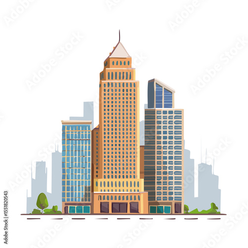 Cityscape Illustration with Tall Buildings and Greenery