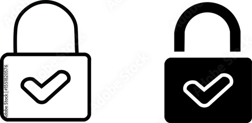 Secure Padlock with Check Mark Line and Solid Icon Set