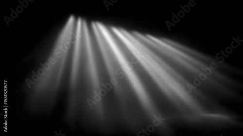 Dramatic White Light Beams or Volumetric Rays on a Dark Black Background, Spotlight Effect