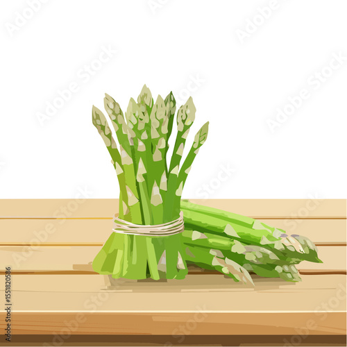 Fresh Asparagus Illustration - Two Bunches Tied Together on Wooden Table