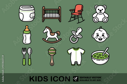 Collection of baby related icons including a crib a high chair and a baby bottle on a light background
