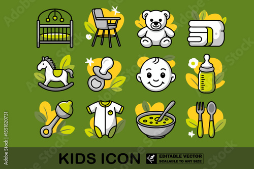Collection of baby related icons including a crib a high chair and a baby bottle on a light background