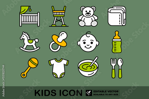 A collection of baby themed icons including a crib teddy bear and other baby related illustrations