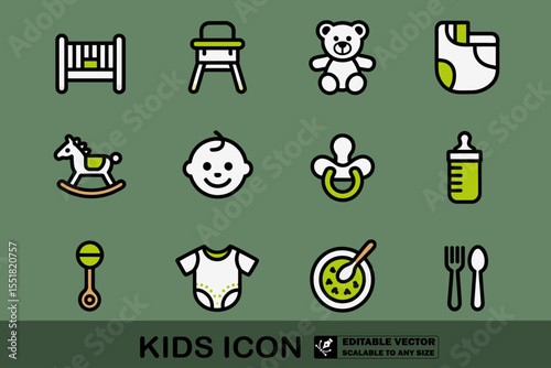 A collection of baby themed icons including a crib teddy bear and other baby related illustrations
