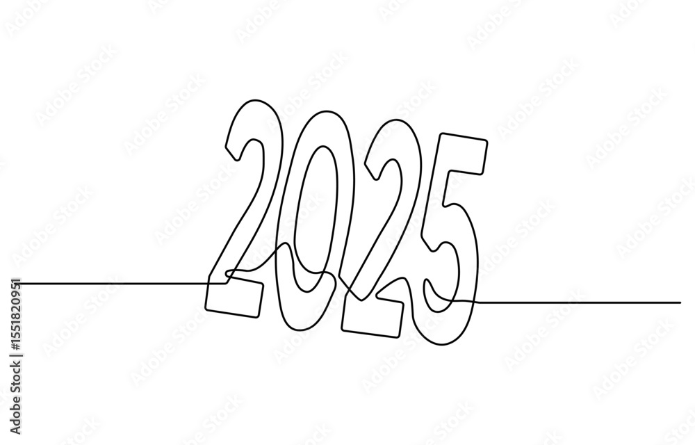 Fototapeta premium 2025 Happy New Year . Christmas symbols 2025 .Continuous one line drawing.2025 one continuous line drawing element. Minimalist New year symbol with editable stroke. Vector illustration
