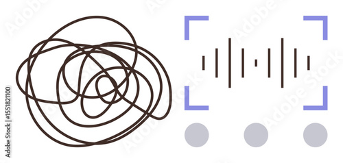 Tangled scribble beside sound wave in purple frame. Ideal for problem-solving, creativity, audio clarity, focus, transformation, mindfulness, organization. Simple flat metaphor