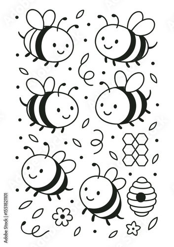 Cute Bee Pattern, Honeycomb and Floral Elements