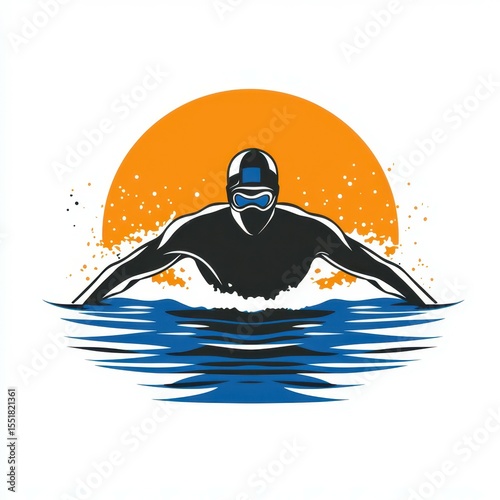Swimmer competing in a race at sunset with a vibrant orange sky and water splashing around