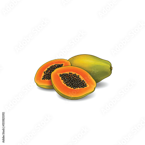 half of papaya, Create a bold, vector illustration of a papaya cut in half, showcasing vibrant yellow flesh and black seeds. High detail, clean lines., papaya on white