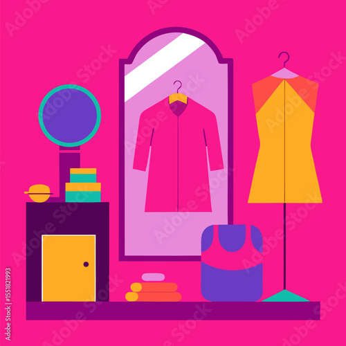 Vibrant clothing display in pink bedroom with mirror vector icon on pink color background.