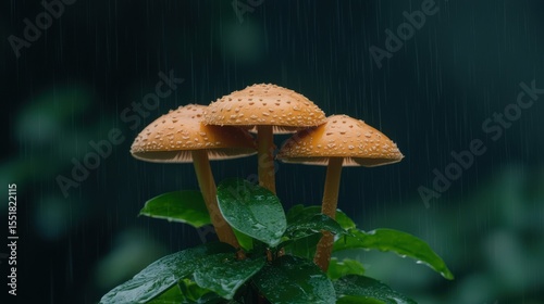 Stunning Abstract Nature Background Featuring Vibrant Mushrooms with Raindrops on Leaves in a Serene Setting