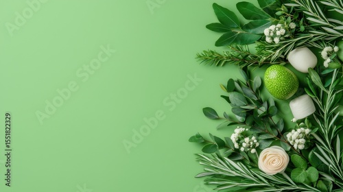 Fresh Green Abstract Background with Geometric Shapes and Mint Leaves for Creative and Modern Designs