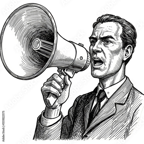 Vintage Illustration of Man Speaking into Megaphone Transparent Background