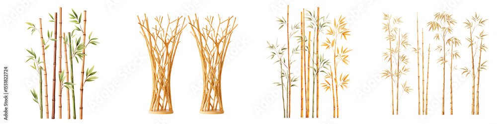 Obraz premium Watercolor Bamboo Collection: Green and Gold Asian Plant Elements