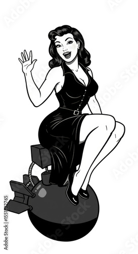 Vintage Illustration Seductive Pin-up Girl Posing on Bomb Comic Style