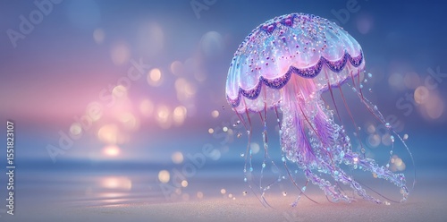 In a natural outdoor setting, jellyfish are present on a sandy beach