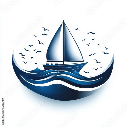 Sailboat gliding peacefully through blue waves under a clear sky filled with soaring seagulls