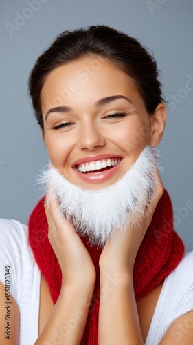 Cheerful Woman Giggling with Santa Style Beard Made of Snow While Wearing a Red Scarf