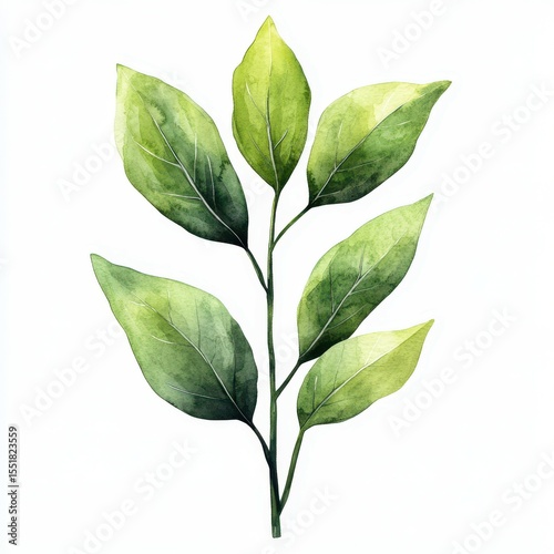 Fresh green leaves on a slender stem showcasing natural beauty and watercolor art techniques in botanical illustration