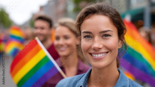 Smiling Young Woman with Freckles Holding a Rainbow Flag at a Vibrant Pride Parade with Friends