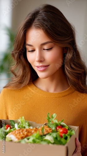 Woman Inspecting Expired Food Container with Thoughtful Expression Surrounded by Indoor Greenery