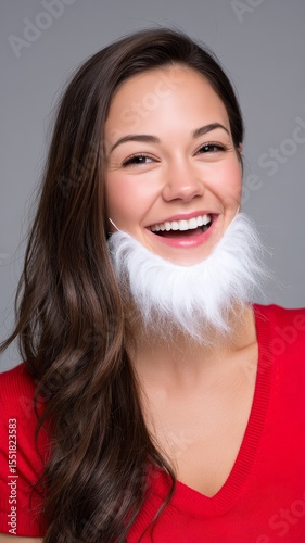 Woman Laughing Joyfully Wearing a Santa Beard Editorial Style Portrait