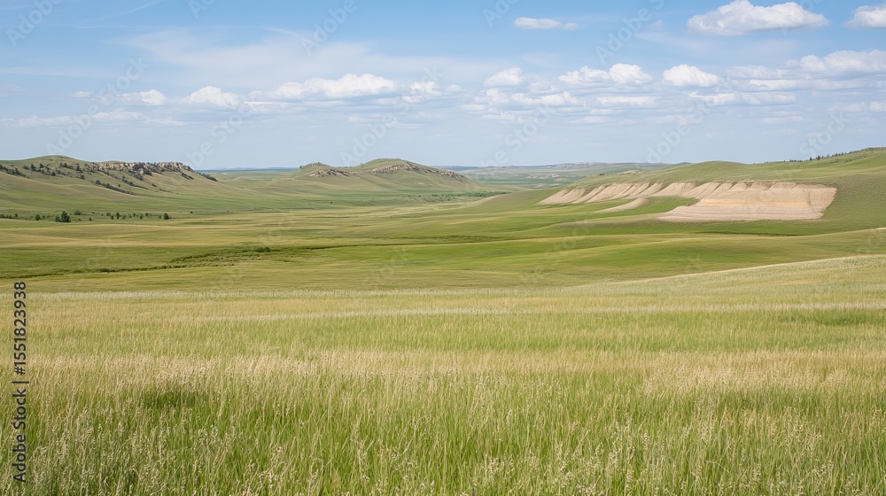 Fototapeta premium Expansive grassland under a partly cloudy sky, rolling hills and valleys create a serene landscape