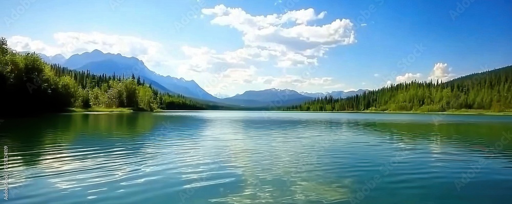 Fototapeta premium Serene Mountain Lake with Reflection and Lush Greenery Under Blue Sky