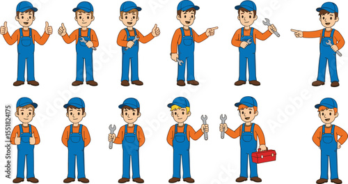 Cheerful Cartoon Construction Worker Characters in Overalls with Various Poses and Tools