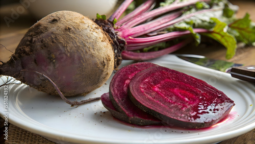 A fresh, earthy beet root captured in vivid detail, partially sliced to reveal its deep magenta interior — rich, fibrous, and glistening with natural juices