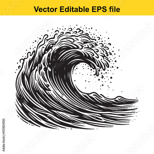 Monochromatic Vector Illustration of a Powerful Wave, Tsunami, or Seascape Depicting Movement and Ocean Dynamics with Artistic and Editable Elements